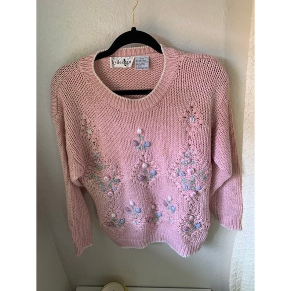 5/$20 💥 Vintage pink Sweater floral small medium By Design 80s 70s - Picture 4 of 7